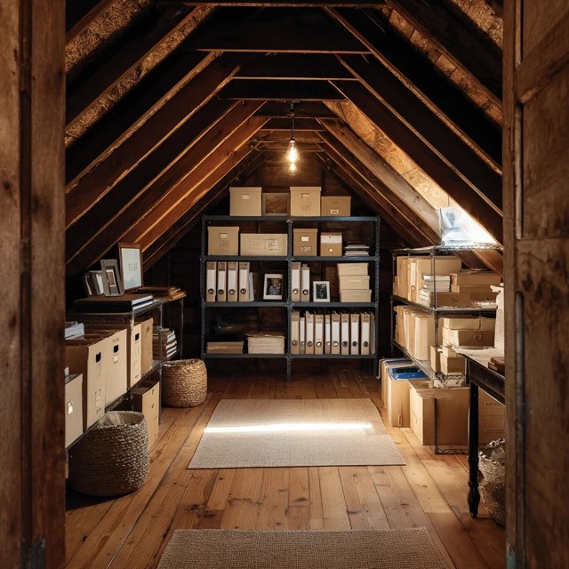 Acid-free archival document boxes protecting vital papers and photographs in a carefully managed attic storage area