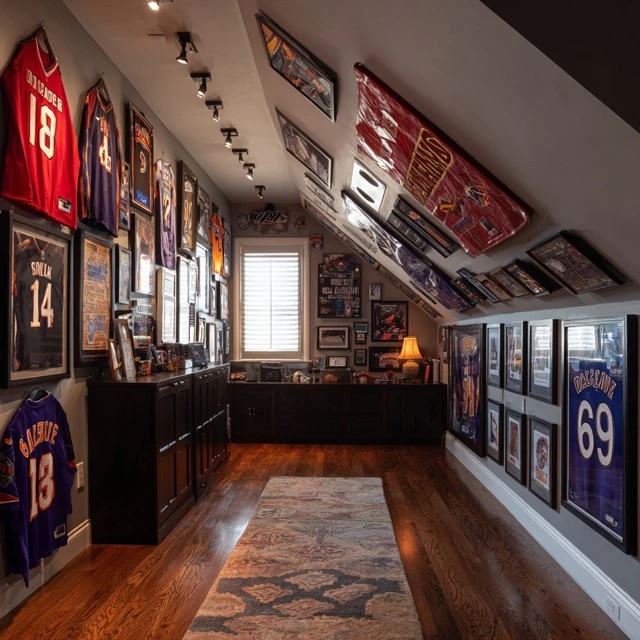 Built-in wall shelving holding game controllers, accessories, and equipment organised in an attic game room