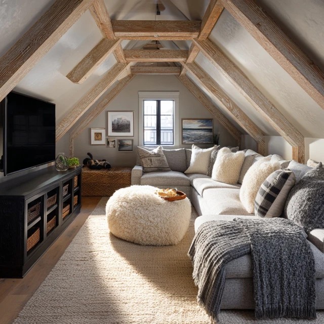Concealed cable management with wire covers and trunking creating a clean professional attic TV room setup
