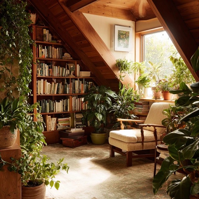 Knit or woven throw blanket draped over the attic library reading chair adding warmth and tactile invitation