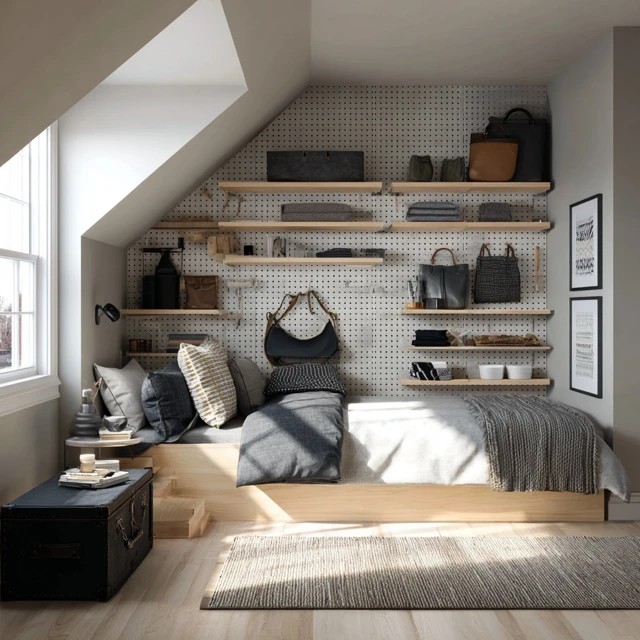 Bedroom pegboard with hooks and shelves creating customisable jewellery and accessories storage in an attic bedroom