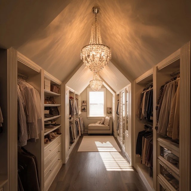 Decorative chandelier or pendant light in the attic walk-in closet aisle creating elegant boutique atmosphere