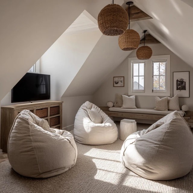 Fabric acoustic panels on attic TV room walls improving sound isolation and audio quality in the viewing space
