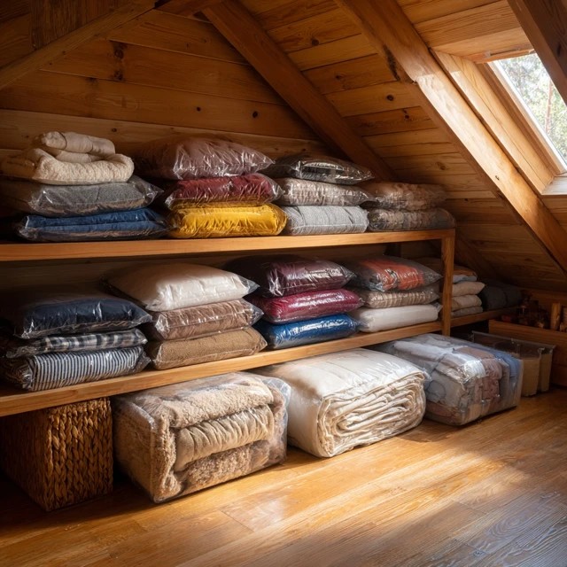 Vacuum-sealed storage bags compressing seasonal clothing for space-saving storage in an attic bedroom