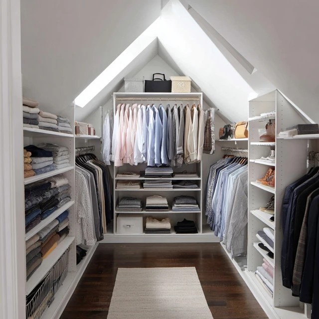 Seasonal wardrobe rotation system with current season accessible and off-season in garment bags in an attic walk-in closet