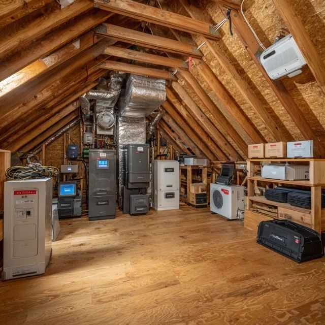 Dehumidifier operating in the attic maintaining optimal humidity for long-term storage preservation