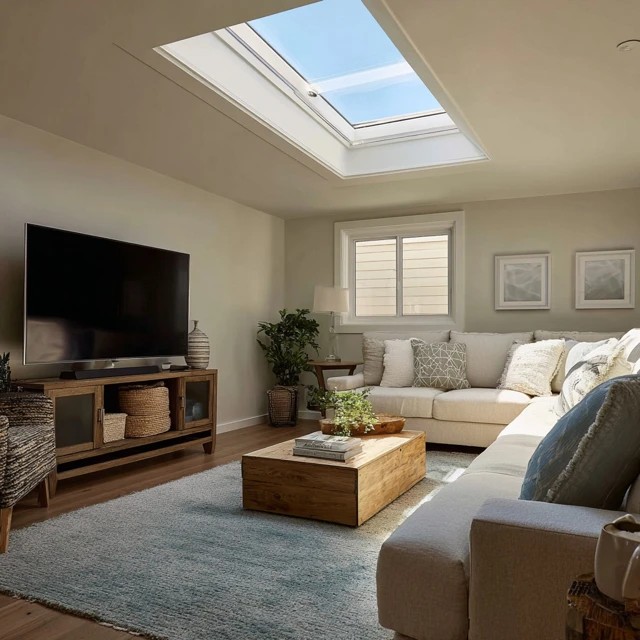 Built-in window seat with storage in the attic dormer providing extra viewing seating and concealed storage in a TV room