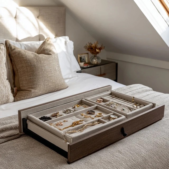 Velvet-lined jewellery organiser drawer keeping accessories tangle-free and protected in an attic bedroom