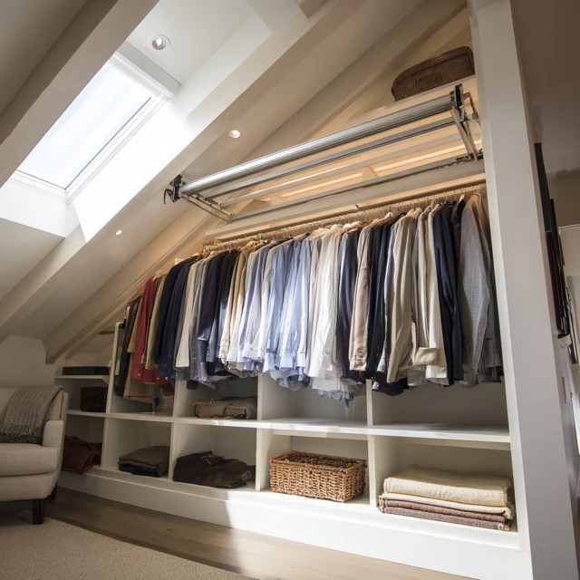 Spring-loaded pull-down closet rod bringing high-hanging items within easy reach in an attic walk-in closet