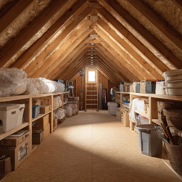 Clear walkable aisles between attic storage zones ensuring safe navigation and ergonomic retrieval