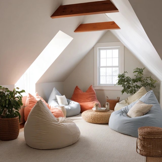 Colourful bean bag chairs and floor cushions creating casual flexible seating in a relaxed attic game room