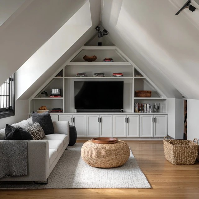 Warm neutral palette of greys, beiges, and whites creating a serene viewing atmosphere in an attic TV room