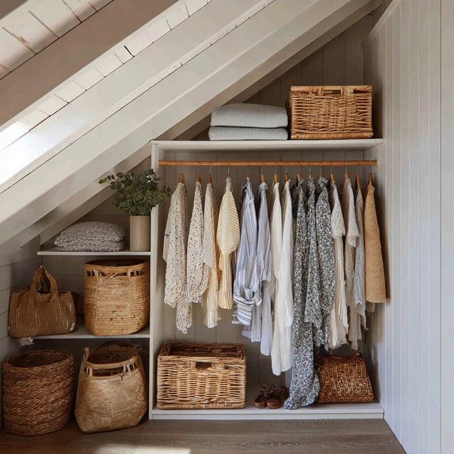 Freestanding or wall-mounted open clothing rack displaying curated frequently worn items in an attic bedroom