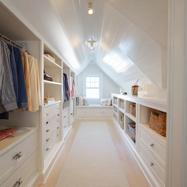 White painted wood cabinetry creating bright light-reflective storage throughout the attic walk-in closet