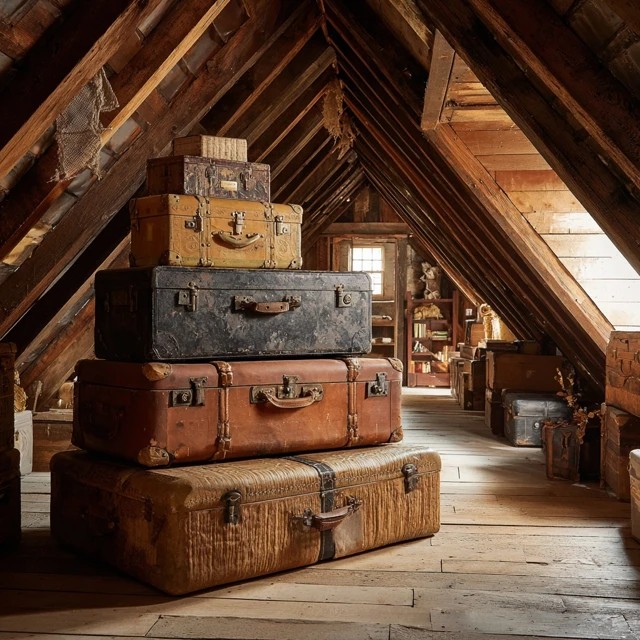 Antique leather trunks and vintage suitcases adding nostalgic character and practical storage to an attic space
