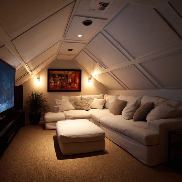 Skylight with motorised blackout shade providing natural daytime light and complete darkness for evening viewing in an attic TV room