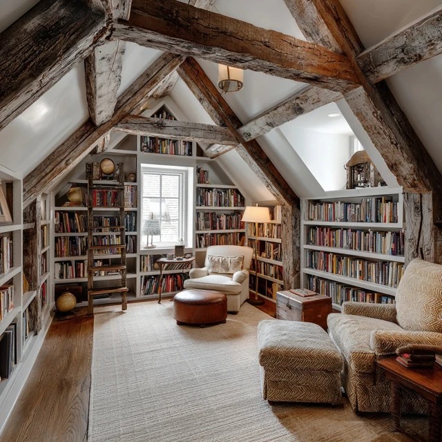 First editions and signed copies displayed in a dedicated showcase section of the attic library shelving