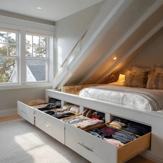 Pull-out drawer units fitted beneath the lowest attic slope providing hidden accessible clothing storage