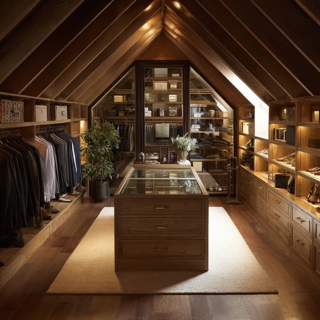 Freestanding central island with drawers and glass top creating boutique accessory storage in an attic walk-in closet