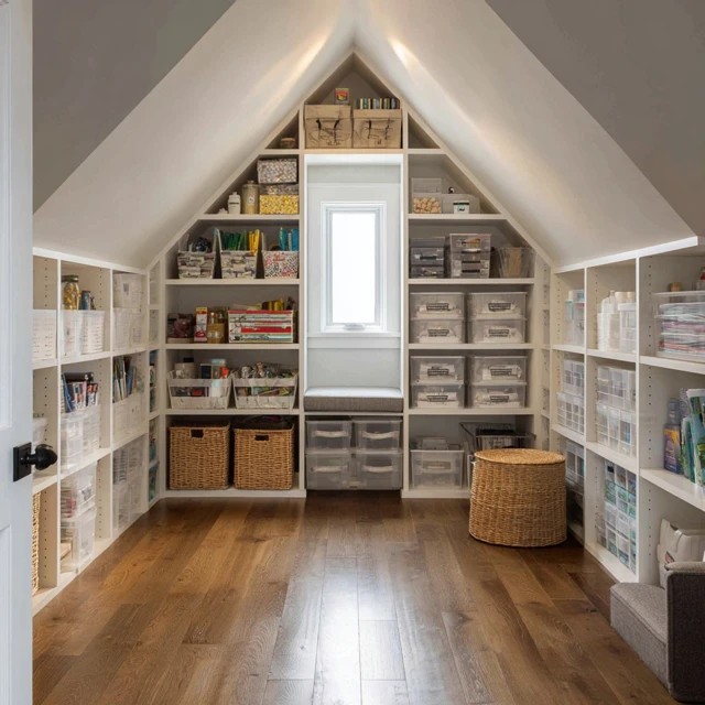 Floor-to-ceiling built-in shelves along attic knee walls creating custom organised storage capacity