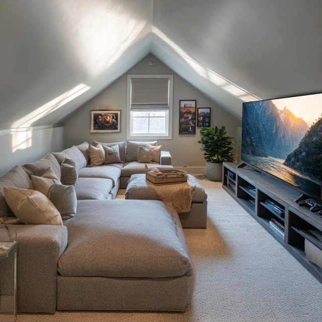 L-shaped sectional sofa facing a large wall-mounted TV creating a comfortable media lounge in an attic game room