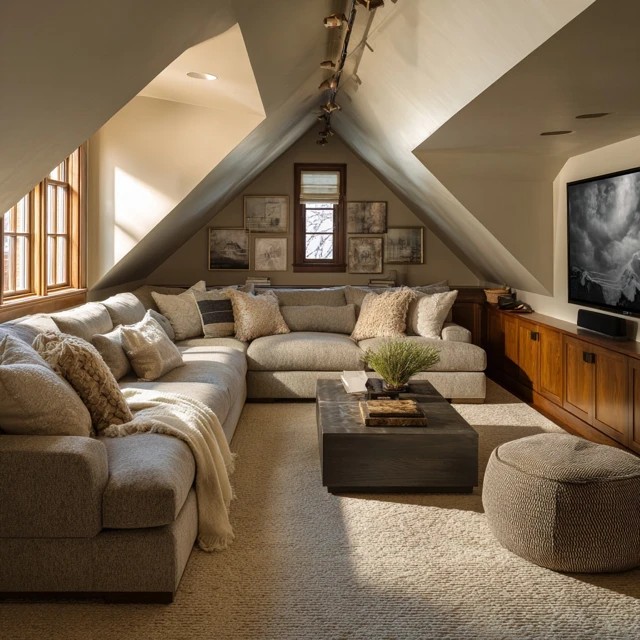 L-shaped sectional sofa providing generous comfortable viewing seating in an attic TV room