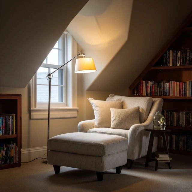 Deep upholstered armchair with ottoman positioned near the window as a dedicated reading spot in an attic library