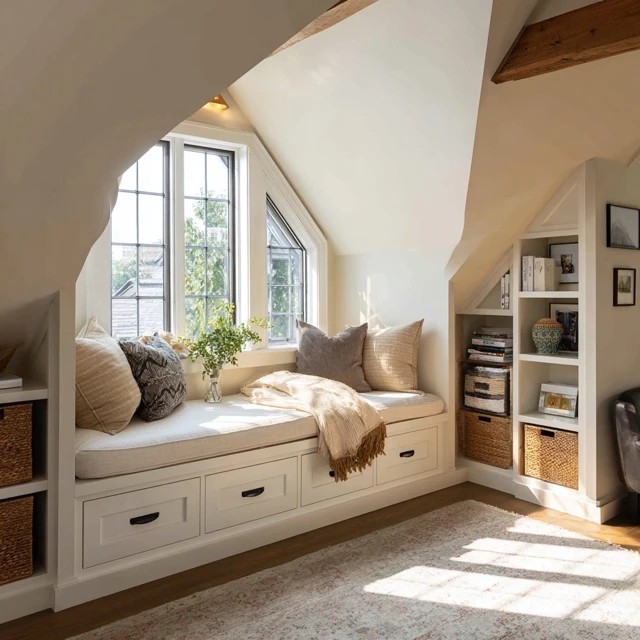 Built-in dormer window seat with lift-top storage providing seating and concealed bedding storage in an attic bedroom