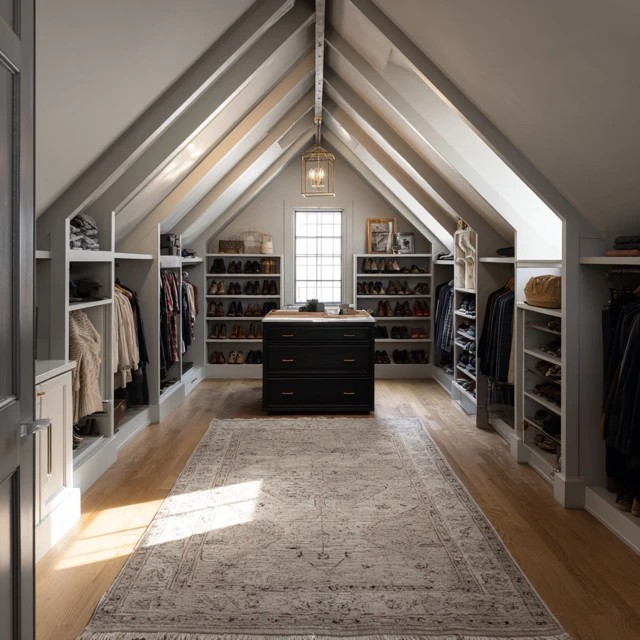 Area rug in the attic walk-in closet centre aisle providing warmth underfoot and defining the dressing zone