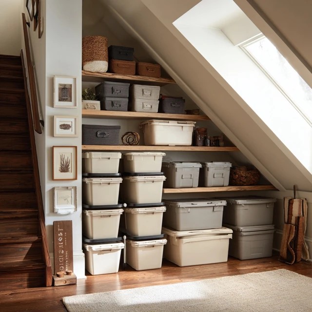 Same-sized storage bins stacking into stable columns maximising attic vertical storage capacity
