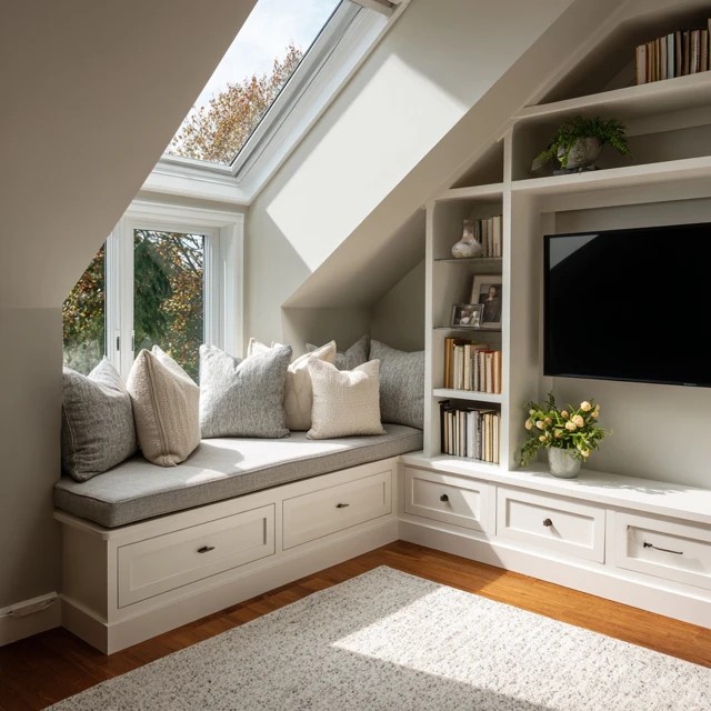 Soft throw blankets and cushions layered on the attic TV room sofa creating comfort and tactile invitation for viewing