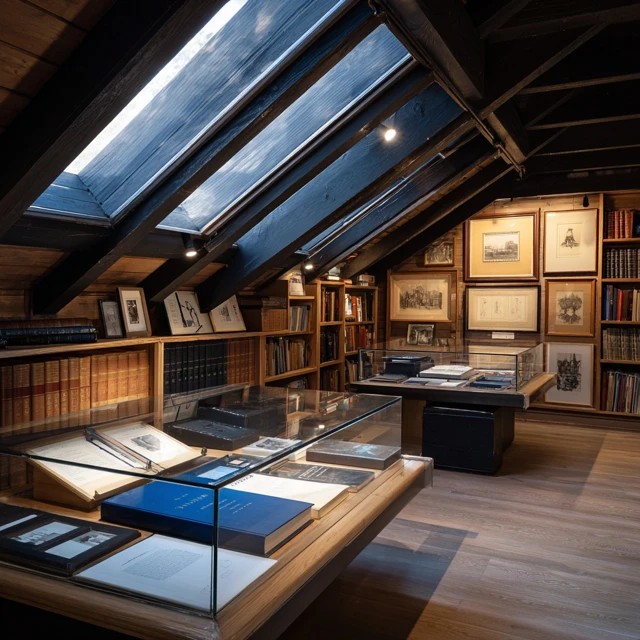 Original exposed wood beams overhead adding rustic warmth and historic character to an attic library