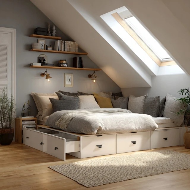 Platform bed with pull-out storage drawers beneath the mattress creating dual-function bedroom furniture