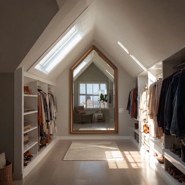 Large full-length mirror on the end wall of an attic walk-in closet providing complete outfit viewing