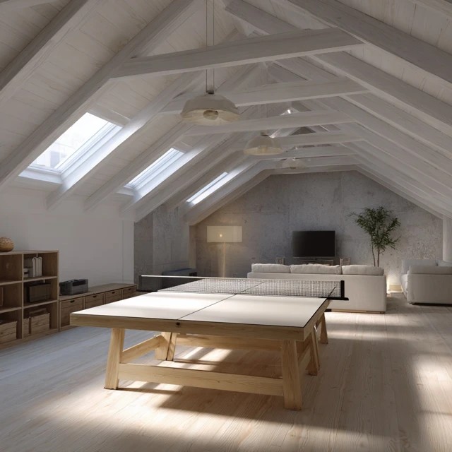 Foldable ping pong table set up in the attic game room with overhead skylight illuminating the playing surface