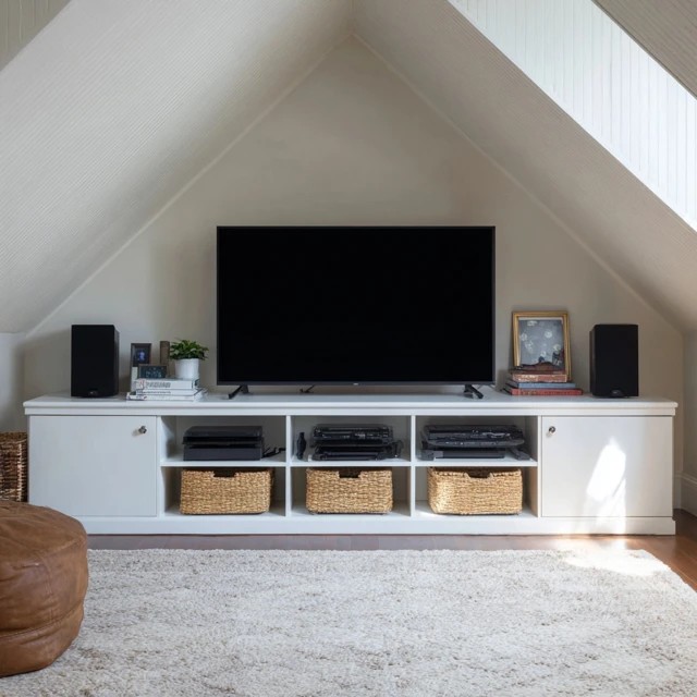 Low media console below the TV holding gaming consoles, streaming devices, and accessories in an organised attic TV room