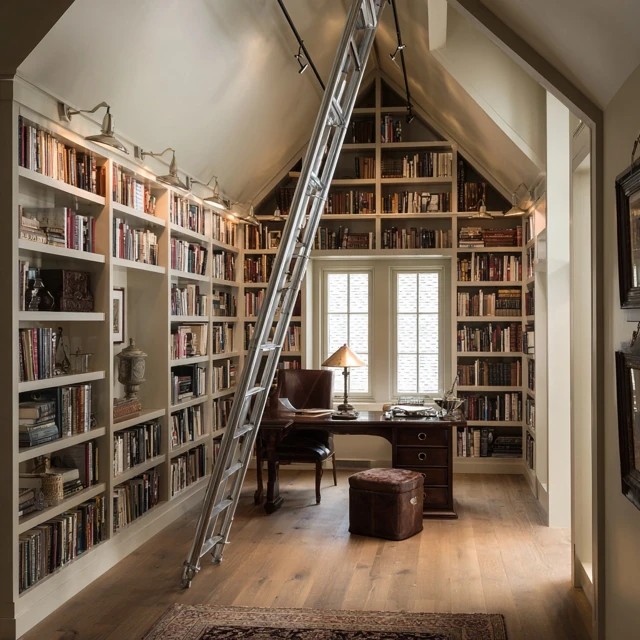 Rolling wooden library ladder on a wall-mounted track providing access to high bookshelves in an attic library