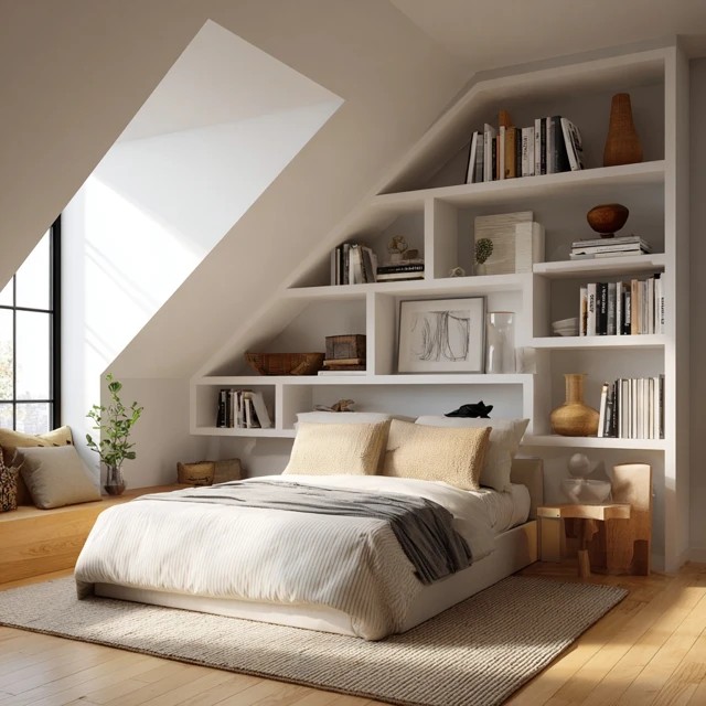 Floating shelves installed to follow the attic roofline angle creating graduated vertical bedroom storage