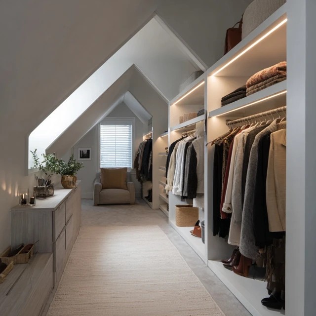 LED strip lights inside attic walk-in closet shelving and along hanging rails providing focused wardrobe illumination