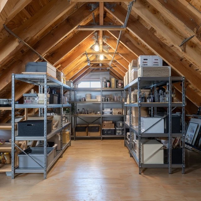 Adjustable metal steel shelving units providing sturdy industrial heavy-load storage in a utilitarian attic space