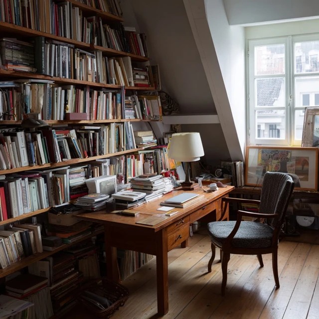 Writing desk positioned beside the dormer window with natural light creating a study zone within an attic library