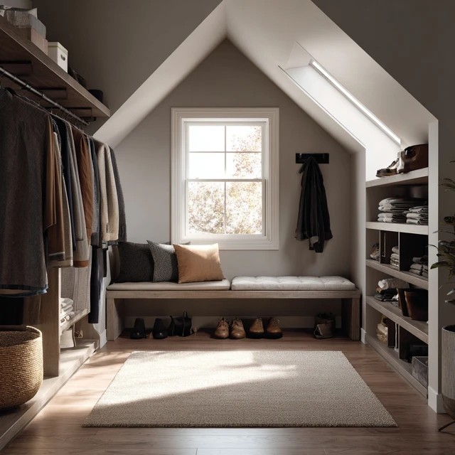 Floor-to-ceiling angled shoe shelves creating an organised footwear display on one wall of the attic walk-in closet