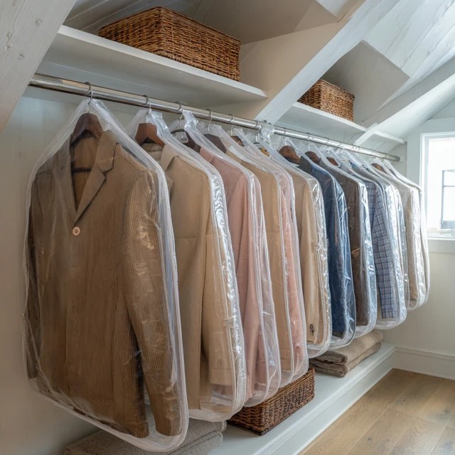 Zippered garment bags on a hanging rod protecting off-season clothing in an organised attic storage area