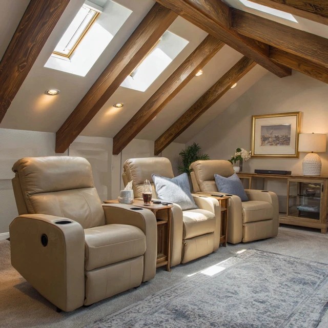 Power reclining chairs with cup holders providing premium viewing comfort in an attic TV room