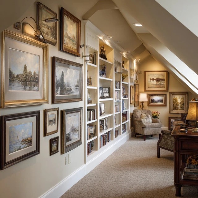 Built-in window seat with cushions and book drawers beneath creating a cosy reading nook in a dormer attic library