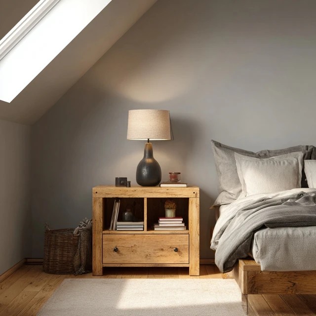 Compact nightstand with multiple drawers providing organised bedside storage in an attic bedroom