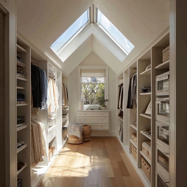 Valet hook and small bench providing a dedicated outfit staging area within the attic walk-in closet