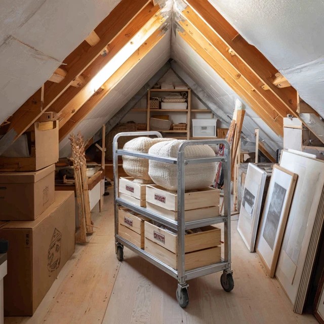 Wheeled rolling cart moving through the attic providing mobile ergonomic item access and transport