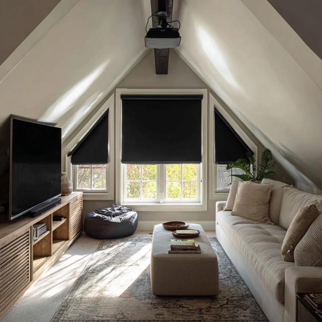 Remote-controlled blackout shades on attic TV room windows providing complete daylight blocking for optimal viewing