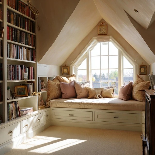 Books organised by genre and category on built-in shelves creating a navigable systematic attic library collection